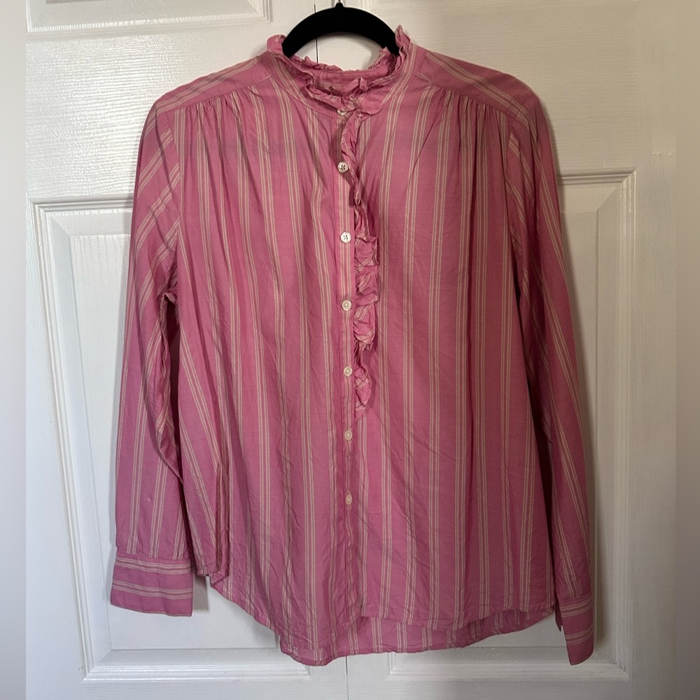 Ann Taylor Pink Striped Ruffle Button-Down Blouse